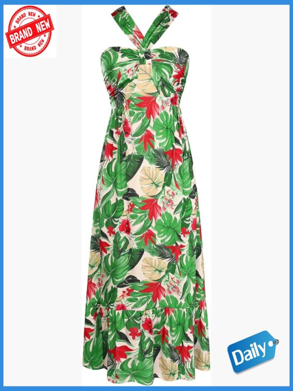 Floral Boho Maxi Dress Halter Neck Sleeveless with Pockets
